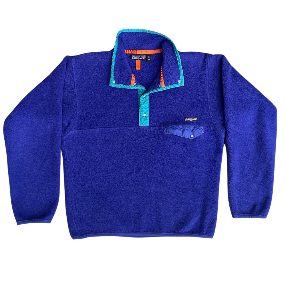 VTG Patagonia 80s Snap T Women's Fleece, Cobalt w Teal and Orange Trim, Small